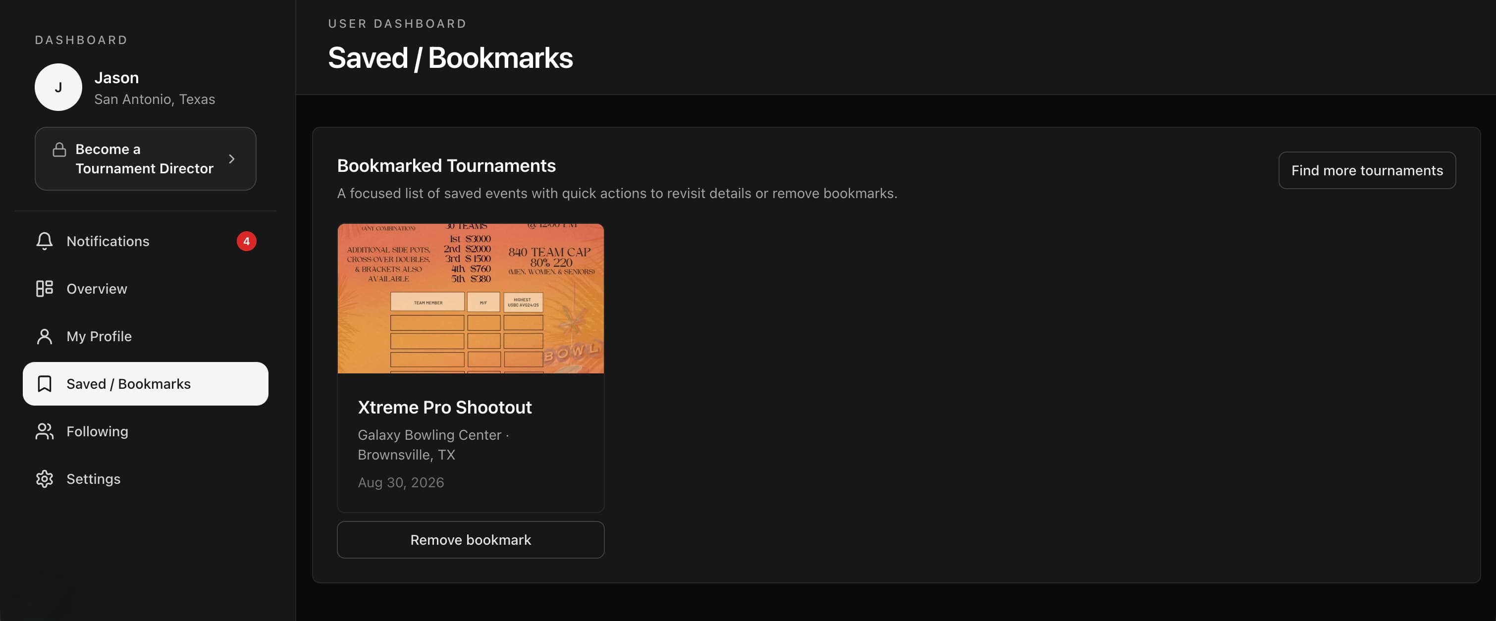 Saved tournament bookmarks and notification preferences